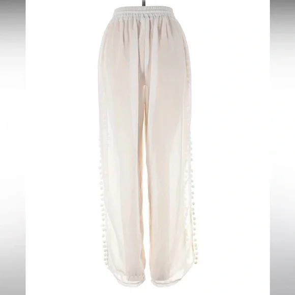 Elegant White Sheer Women's Pants with Pom-Pom Detailing - Picture 2 of 2